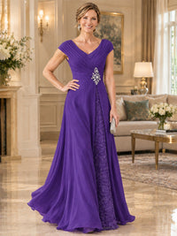 Pleated Chiffon Lace Mother of The Bride Dresses with Beading Cap Sleeves
