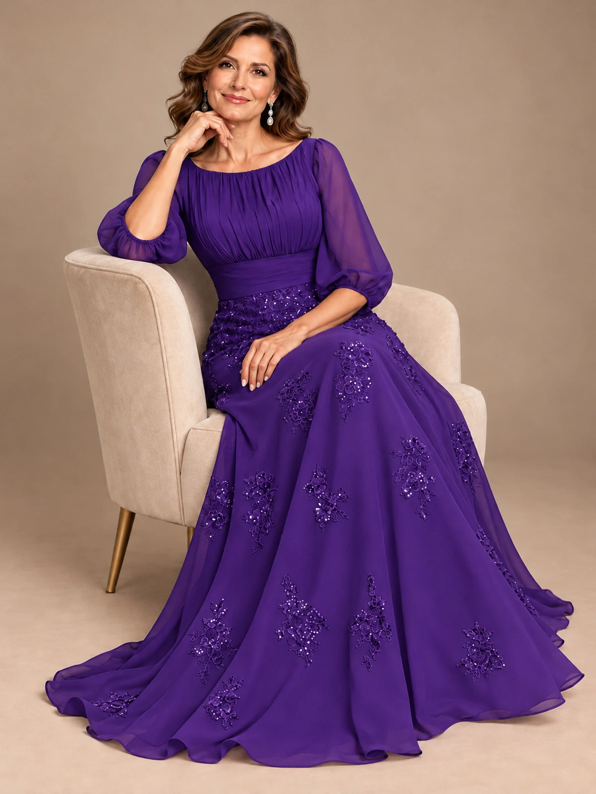 A-Line Mother of the Bride Dress with Sheer Puff Sleeves