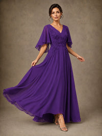 V-Neck Chiffon Lace Mother of the Bride Dress with Flutter Sleeves