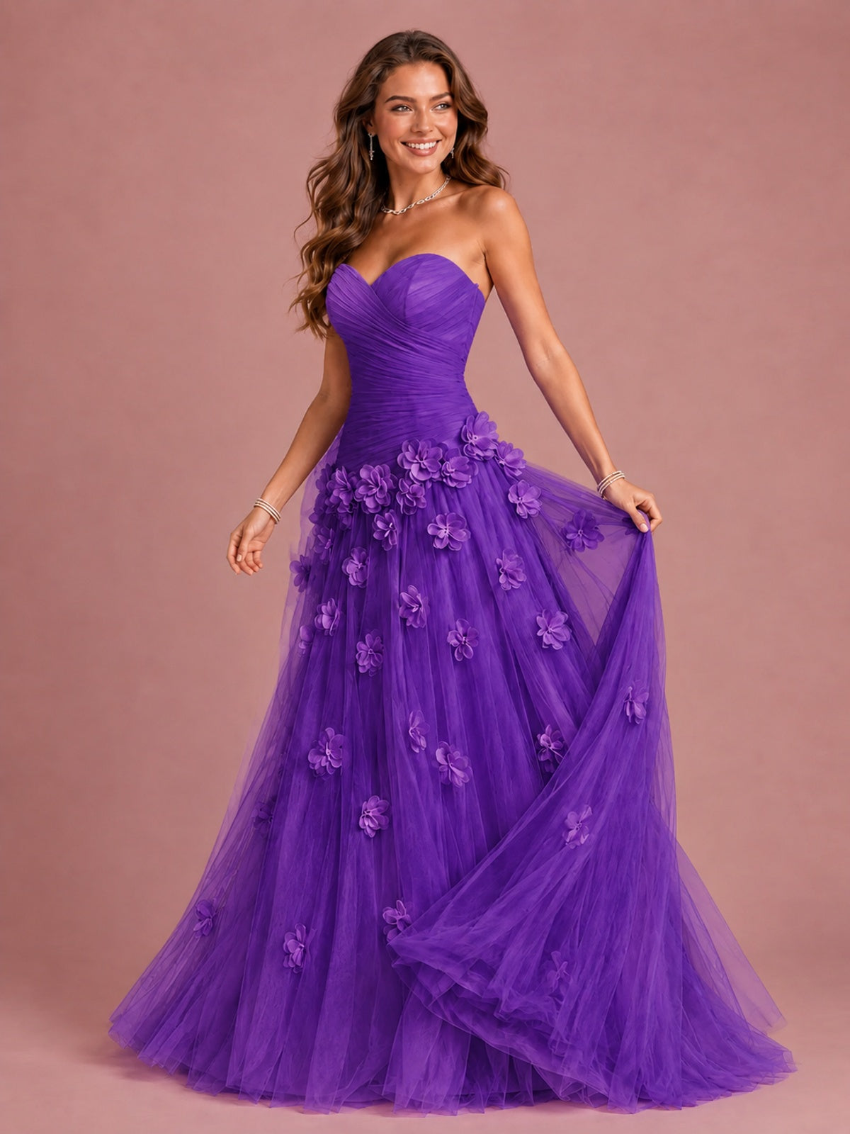 Blush Pink Strapless Sweetheart 3D Floral Tulle Ball Gown Prom Dres