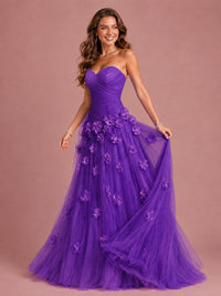 Blush Pink Strapless Sweetheart 3D Floral Tulle Ball Gown Prom Dres
