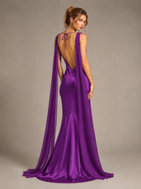 Burgundy Satin Mermaid Cape Maxi Dress