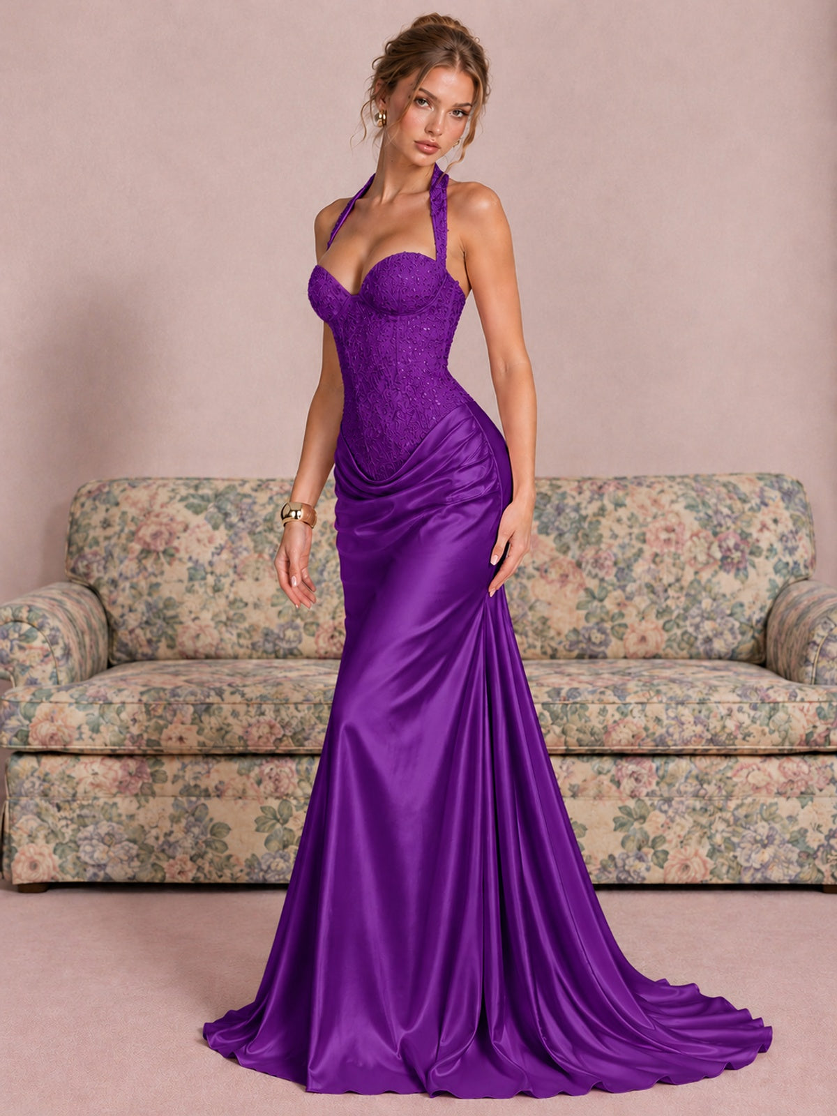 Sparkling Halter Corset Satin Mermaid Prom Dress
