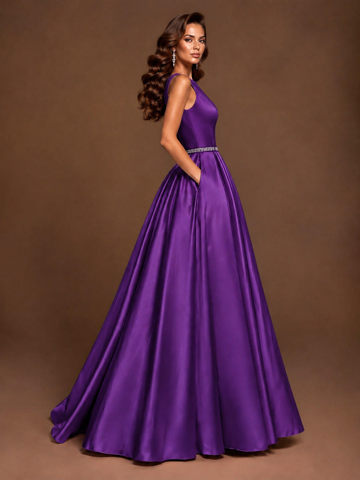 Satin A-Line Prom Dress Sleeveless Beaded Waist Formal Gown with Pockets