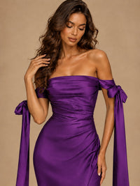 Off The Shuolder Satin Prom Dress Slit Mermaid Formal Gowns