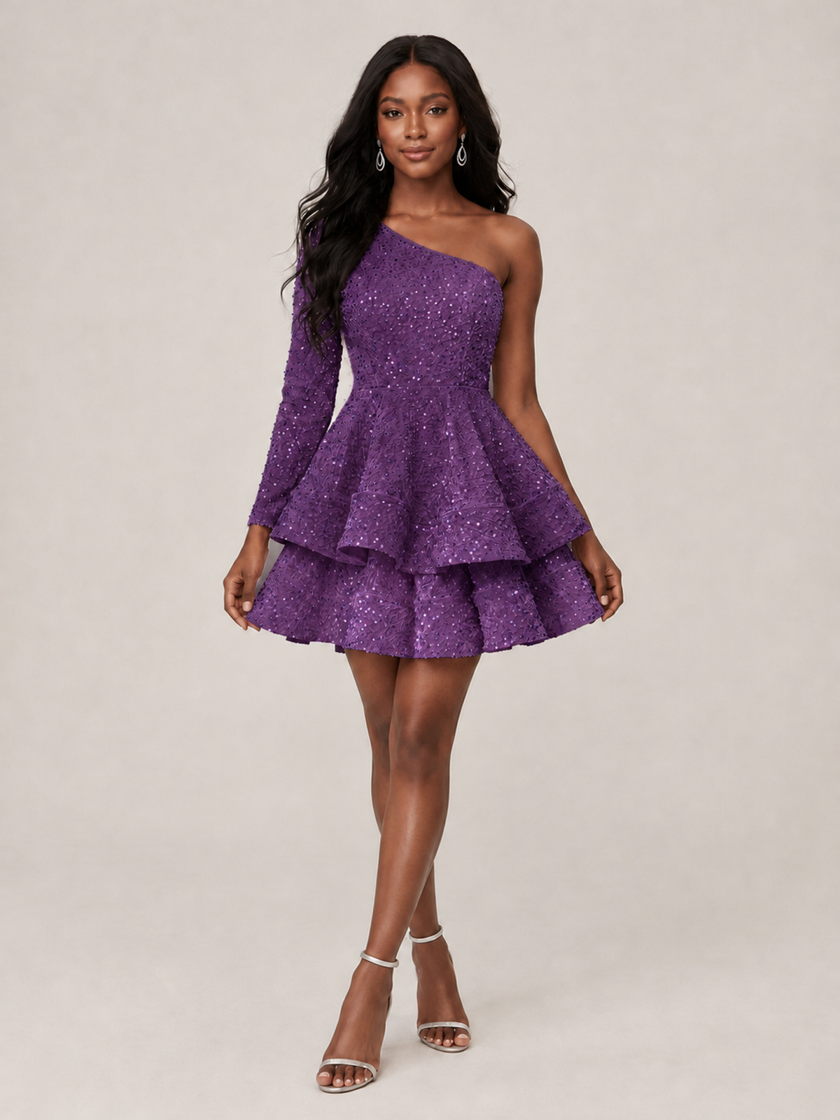 Puffy One Shoulder Sequin Tiered Mini Dress