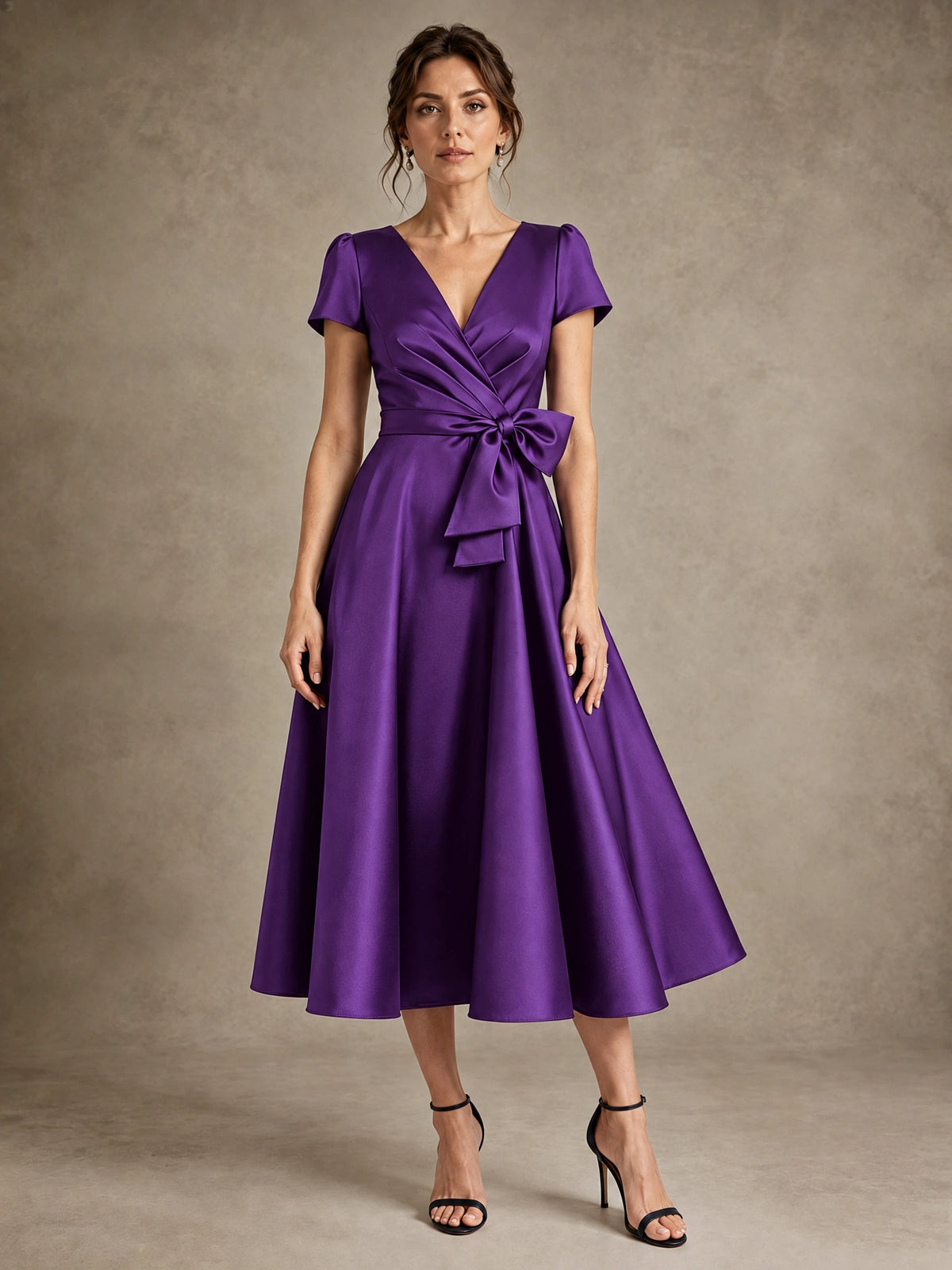 Purple V-Neck Tea-Length Satin Mother of the Bride Dress with Bow Jovellee
