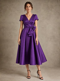 Purple V-Neck Tea-Length Satin Mother of the Bride Dress with Bow Jovellee