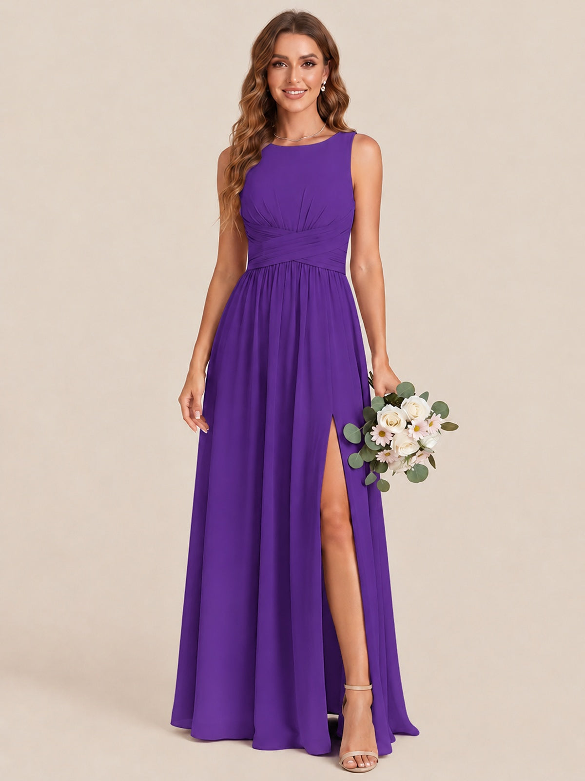 A-line Sleeveless Rucehd Chiffon Bridesmaid Dress with High Slit