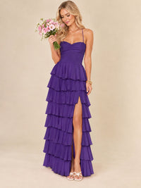 Ruffled Tiered Chiffon Prom Dress Spaghetti Straps Formal Maxi Dress with Slit