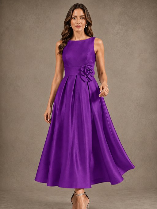 Tea-Length Satin Mother of the Bride Dress with 3D Flower Detail