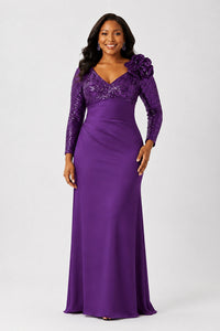 Sequin Mother of the Bride Dress with Long Sleeves 3D Floral V-Neck Gown