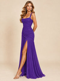 Wrap Pleated Prom Dress Scoop Neck with Slit Women Wedding Formal Dress