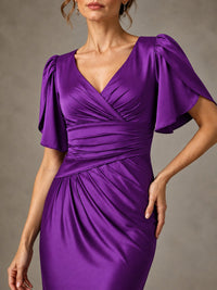 V-Neck Satin Mother of the Bride Dress with Flutter Sleeves