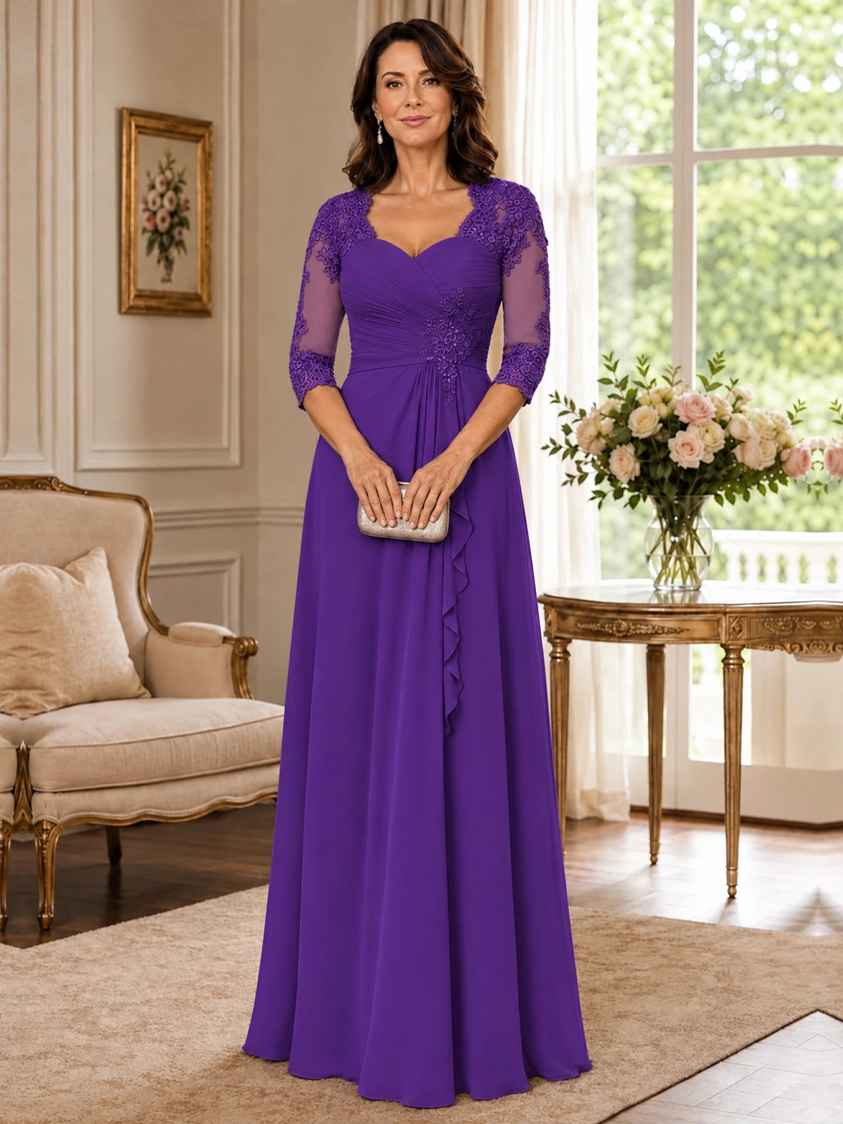 Chiffon Lace Applique Mother of the Bride Dress with 3/4 Sleeves