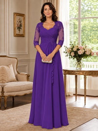 Chiffon Lace Applique Mother of the Bride Dress with 3/4 Sleeves
