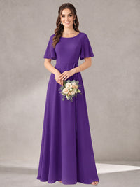 Scoop Neck A-line Chiffon Bridesmaid Dress with Flutter Sleeve & Belt