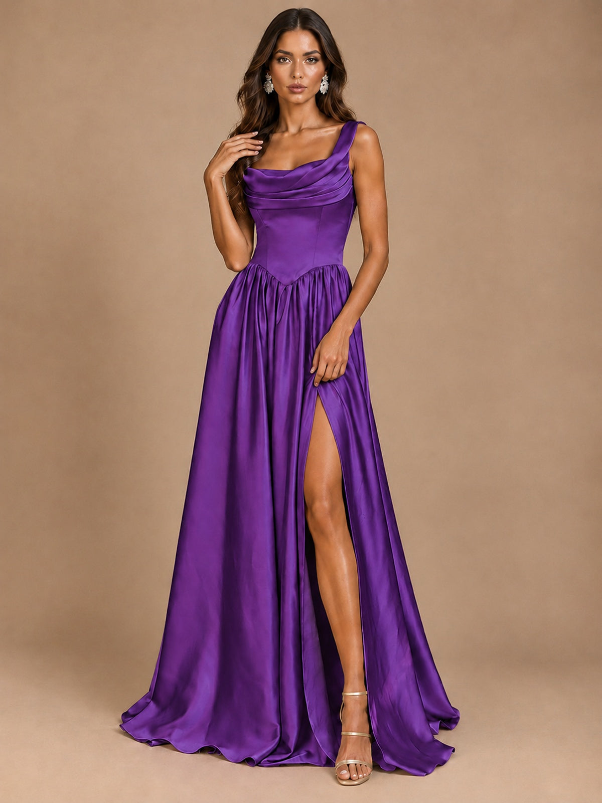Cowl Neck Pleated Satin Prom Dress with Pockets & Slit Maxi Formal Gowns