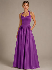 Light Yellow Halter Neck Satin A-Line Maxi Dress with Pockets