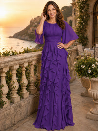 Elegant Chiffon Mother of the Bride Dress with Flutter Sleeves and Ruffle Skirt