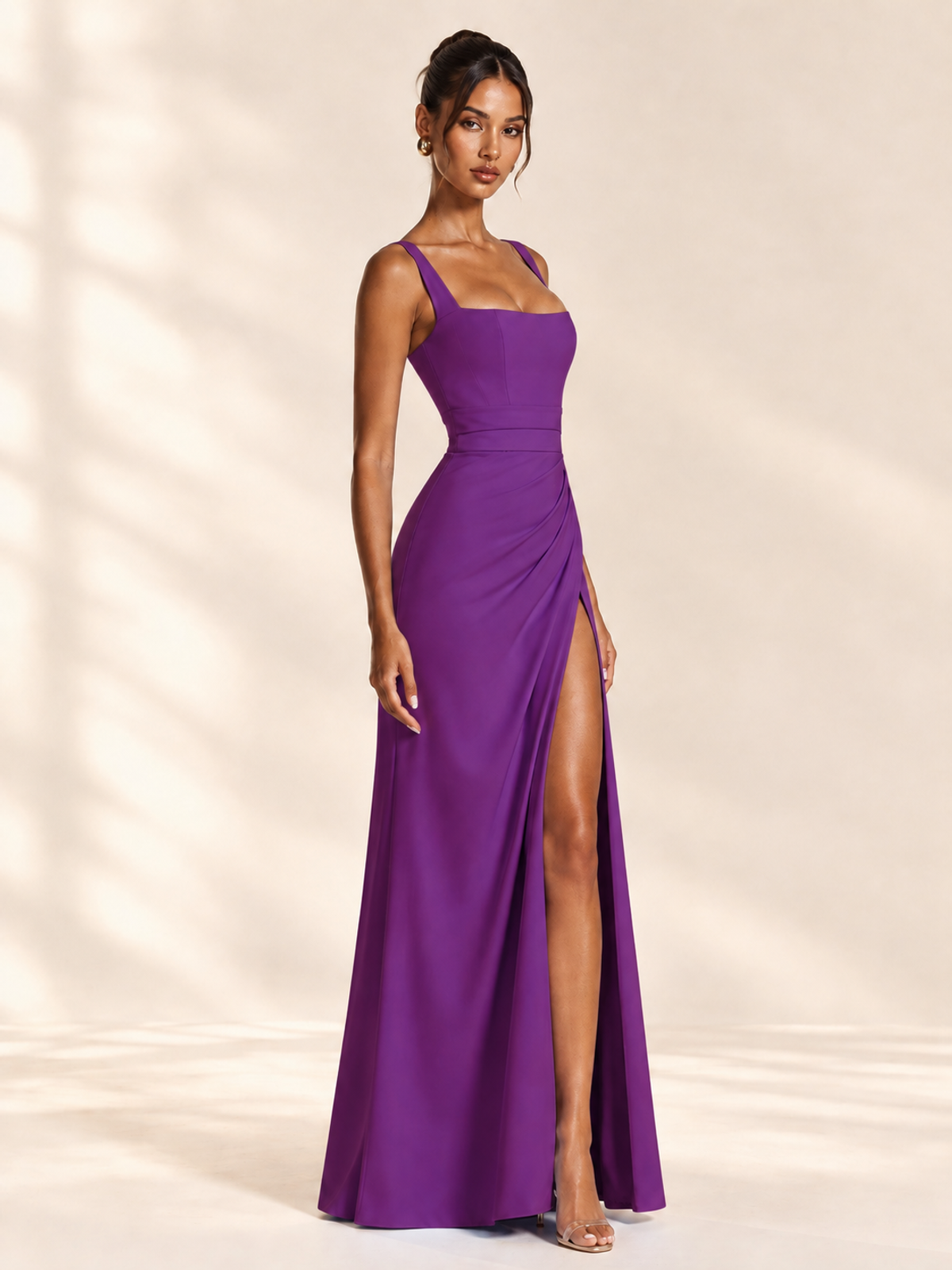 Square Neck Satin Sleeveless Ruched Prom Dress with High Slit