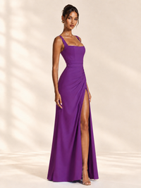 Square Neck Satin Sleeveless Ruched Prom Dress with High Slit