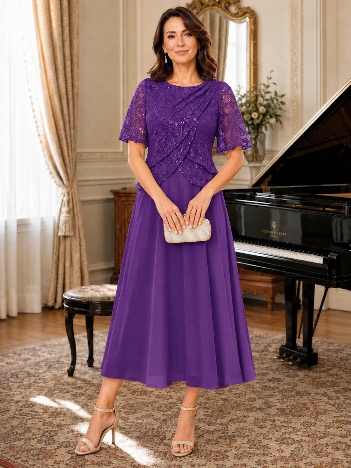Tea-Length Chiffon Mother of the Bride Dress with Sequin Lace Sleeves