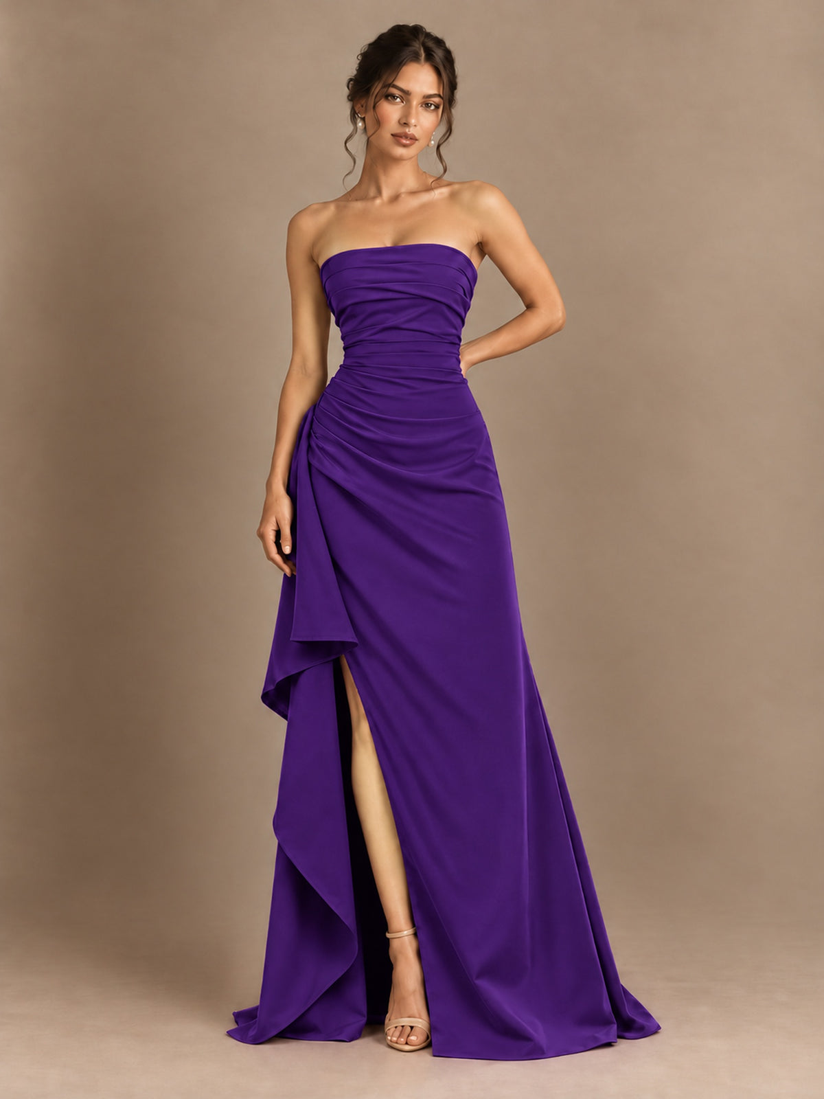 Black and White Strapless Ruched Prom Dress with High Slit & Side Drape