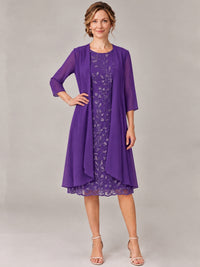 Tea Length Sequin Lace Mother of The Bride Dress with Chiffon Jacket