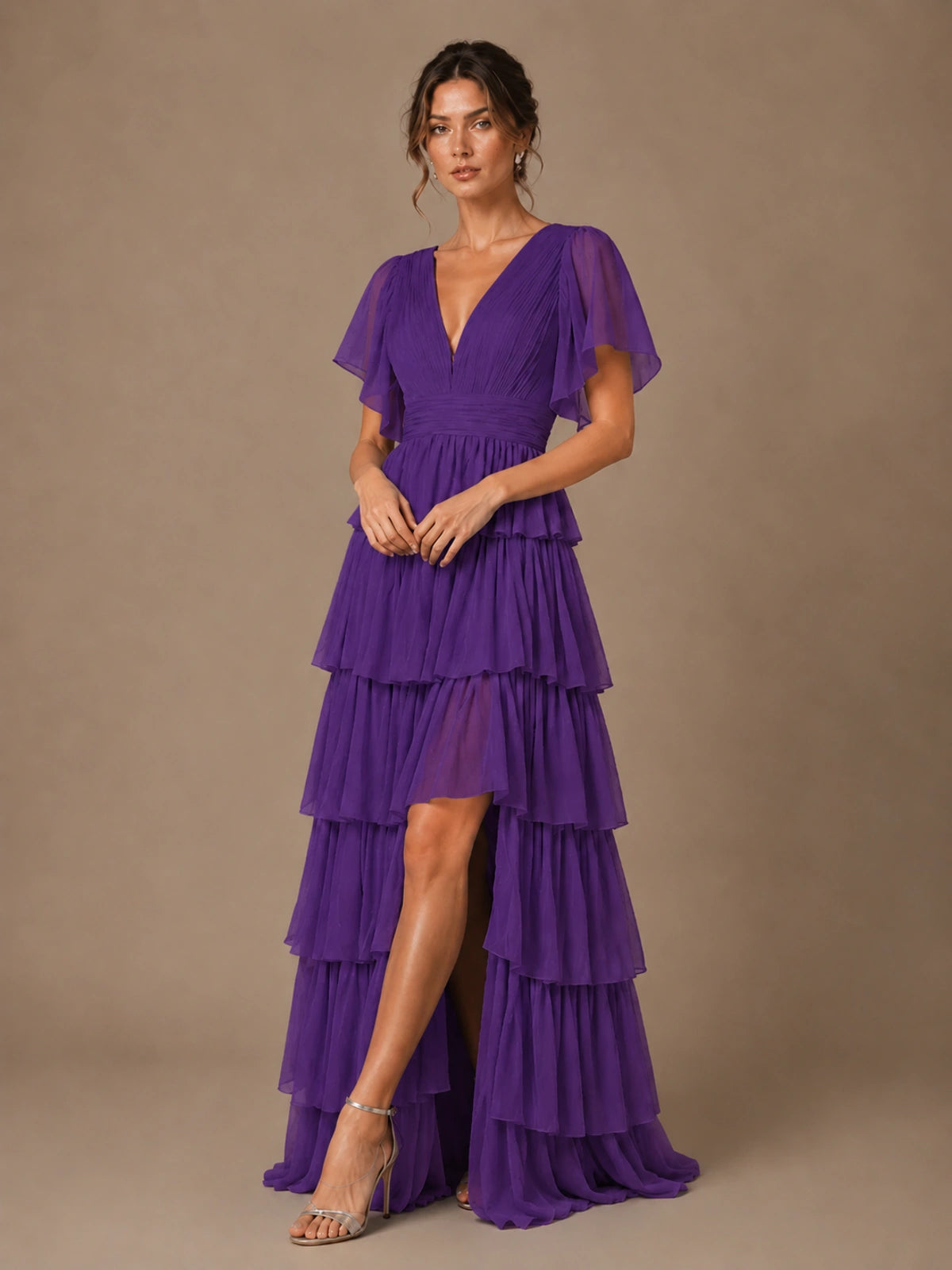 Chiffon V-Neck Tiered Ruffle Bridesmaid Dress with Slit