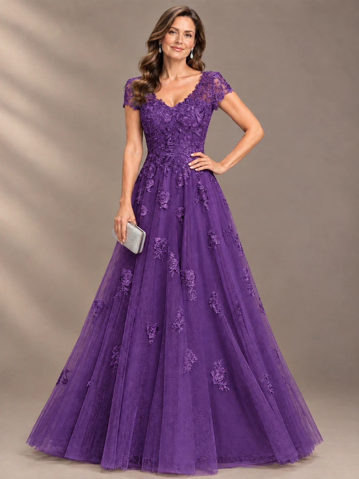 Lace Appliques A-line Mother of The Bride Dresses with Short Sleeves