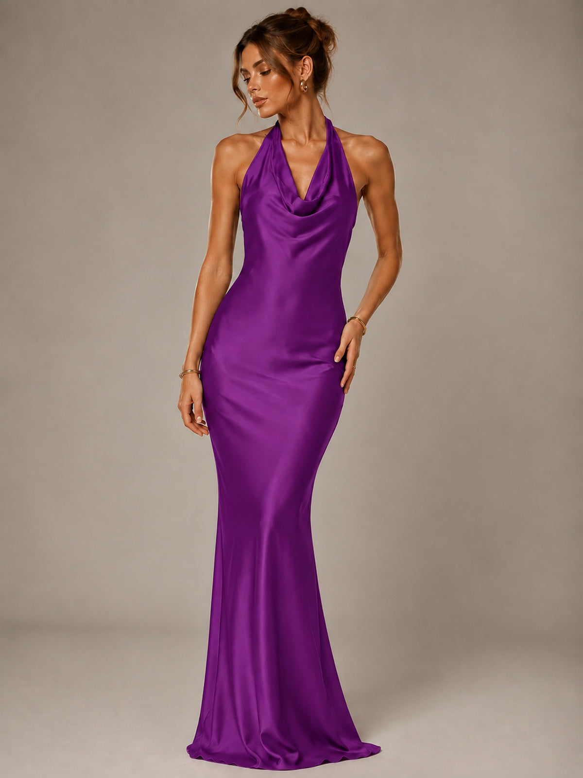 Olive Green Halter Satin Mermaid Maxi Dress