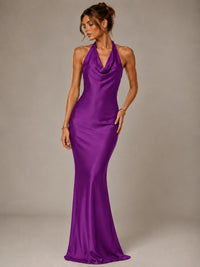 Olive Green Halter Satin Mermaid Maxi Dress