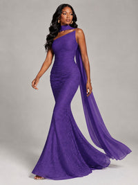 Pleated Chiffon Lace Prom Dresses Long Bodycon Mermaid with Scarf