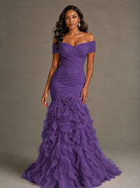 Pink Off-the-Shoulder Mermaid Prom Dress with Ruffles 3D Flowers