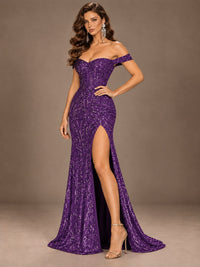Off the Shoulder Corset Sequin Mermaid Prom Dress with Slit
