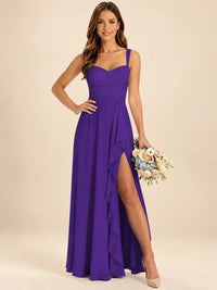 Spaghetti Straps Pleated Chiffon Bridesmaid Dress with Ruffle Slit