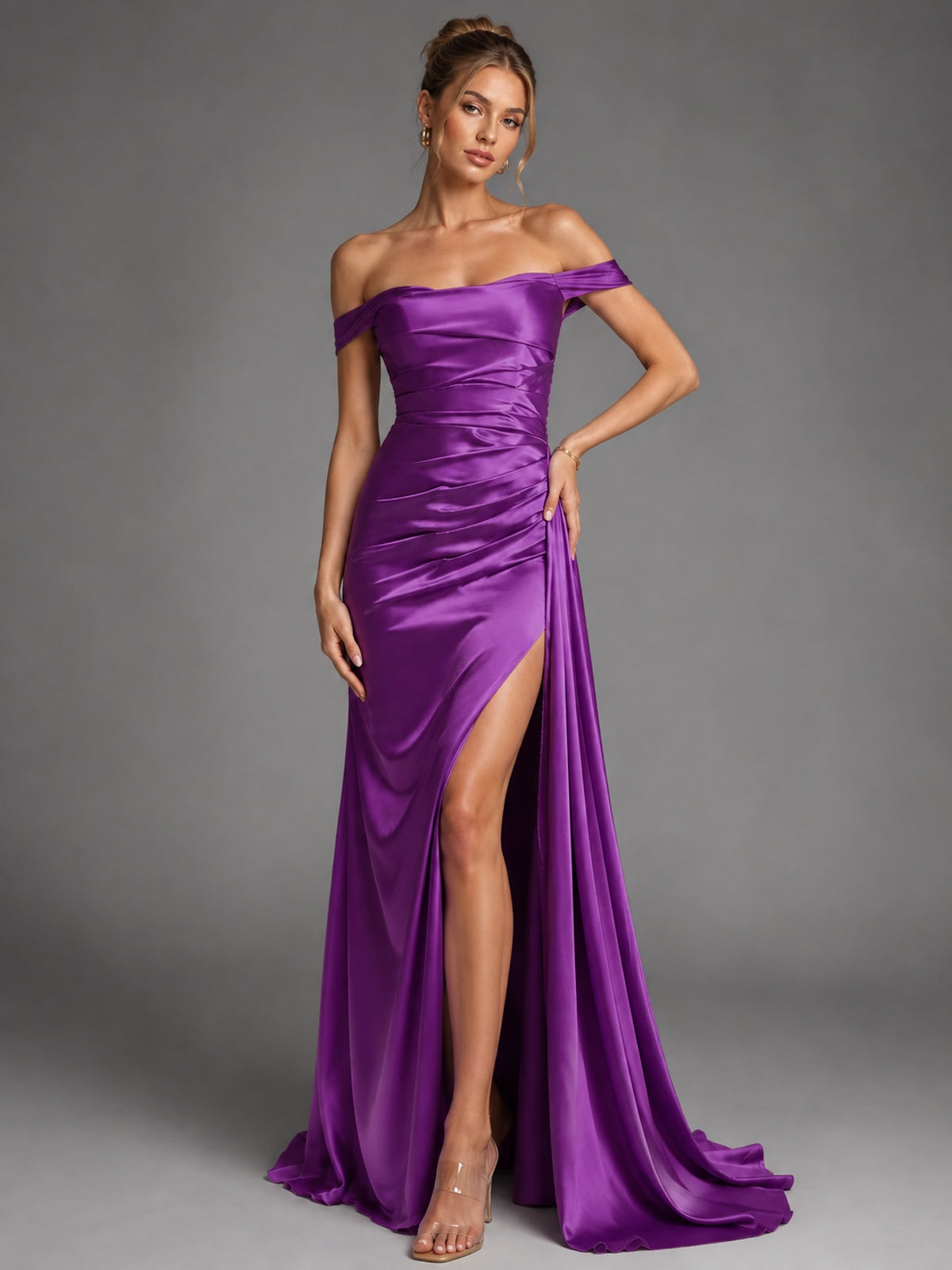 Off Shoulder Satin Maxi Dress with Slit