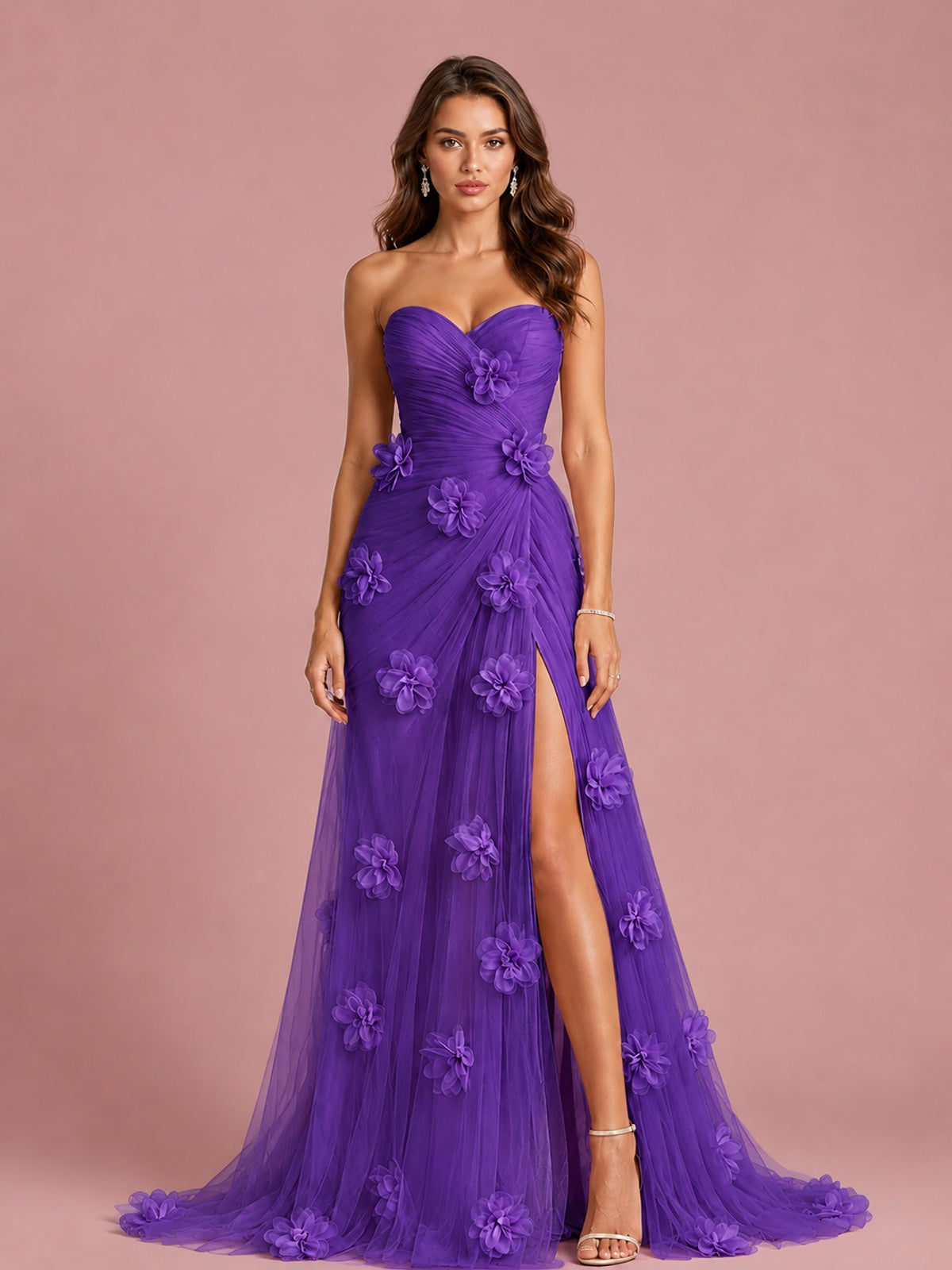 3D Floral Applique Strapless Tulle Prom Dress with High Slit