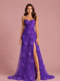 3D Floral Applique Strapless Tulle Prom Dress with High Slit