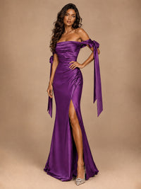 Off The Shuolder Satin Prom Dress Slit Mermaid Formal Gowns