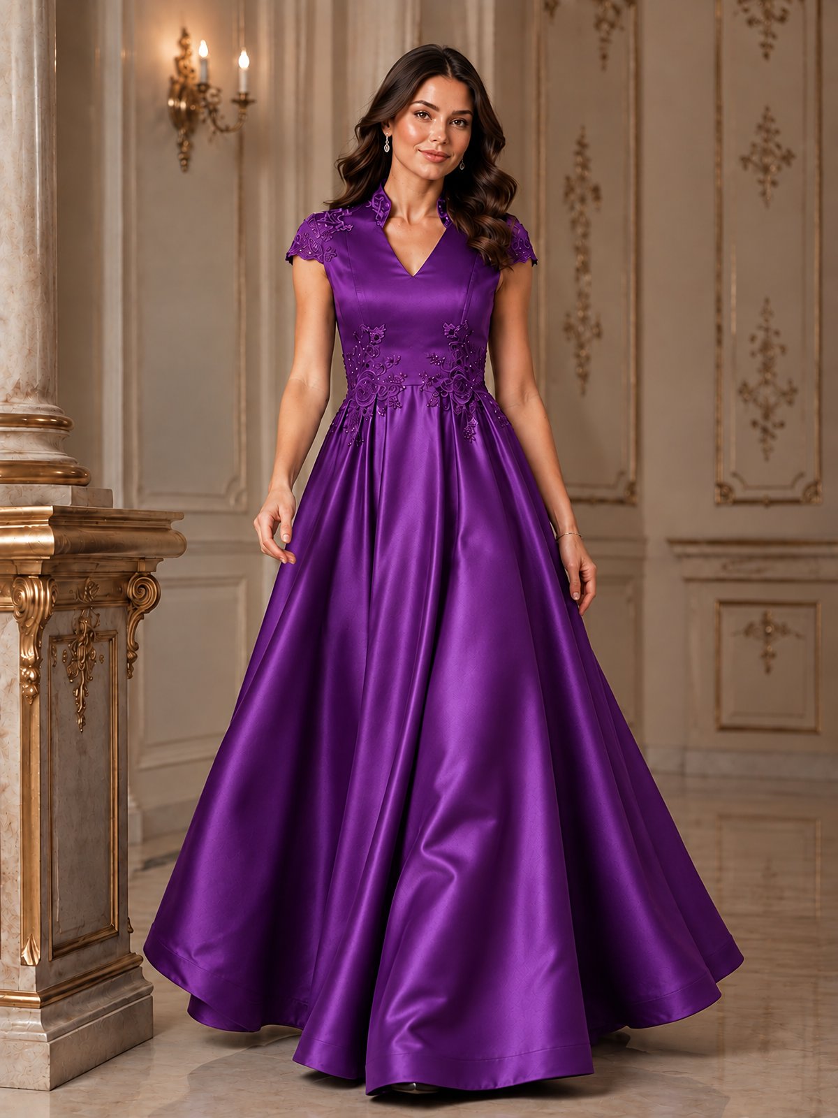 Lace Appliqué A-Line Satin Maxi Dress