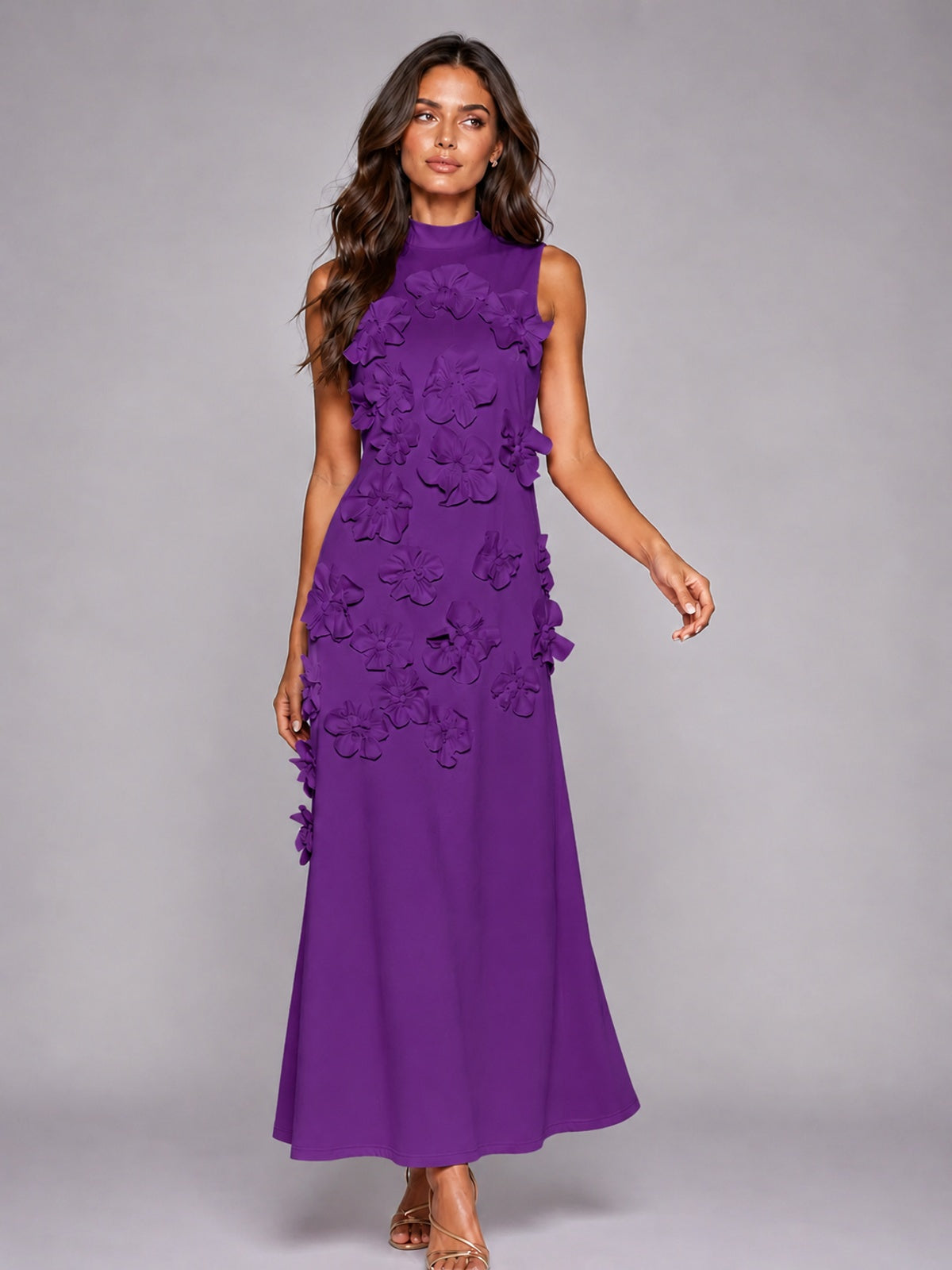 3D Floral Applique High Neck Prom Maxi Dress
