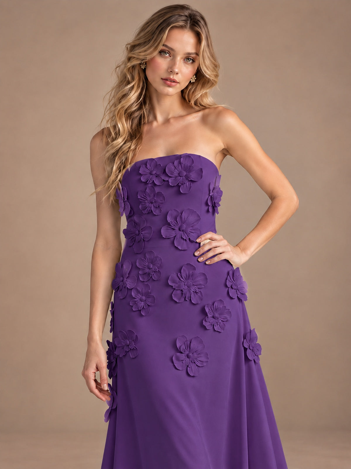 Yellow Strapless A-line Satin Maxi Dress with 3D Floral