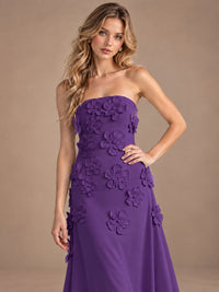 Yellow Strapless A-line Satin Maxi Dress with 3D Floral