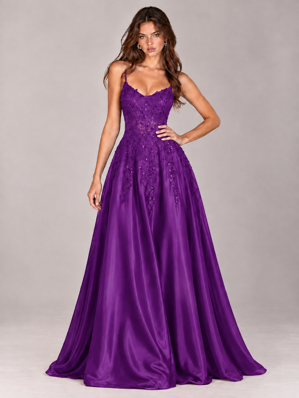 Lace Applique Satin A-Line Prom Dress with Sheer Bodice