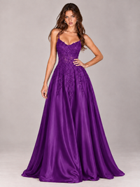 Lace Applique Satin A-Line Prom Dress with Sheer Bodice