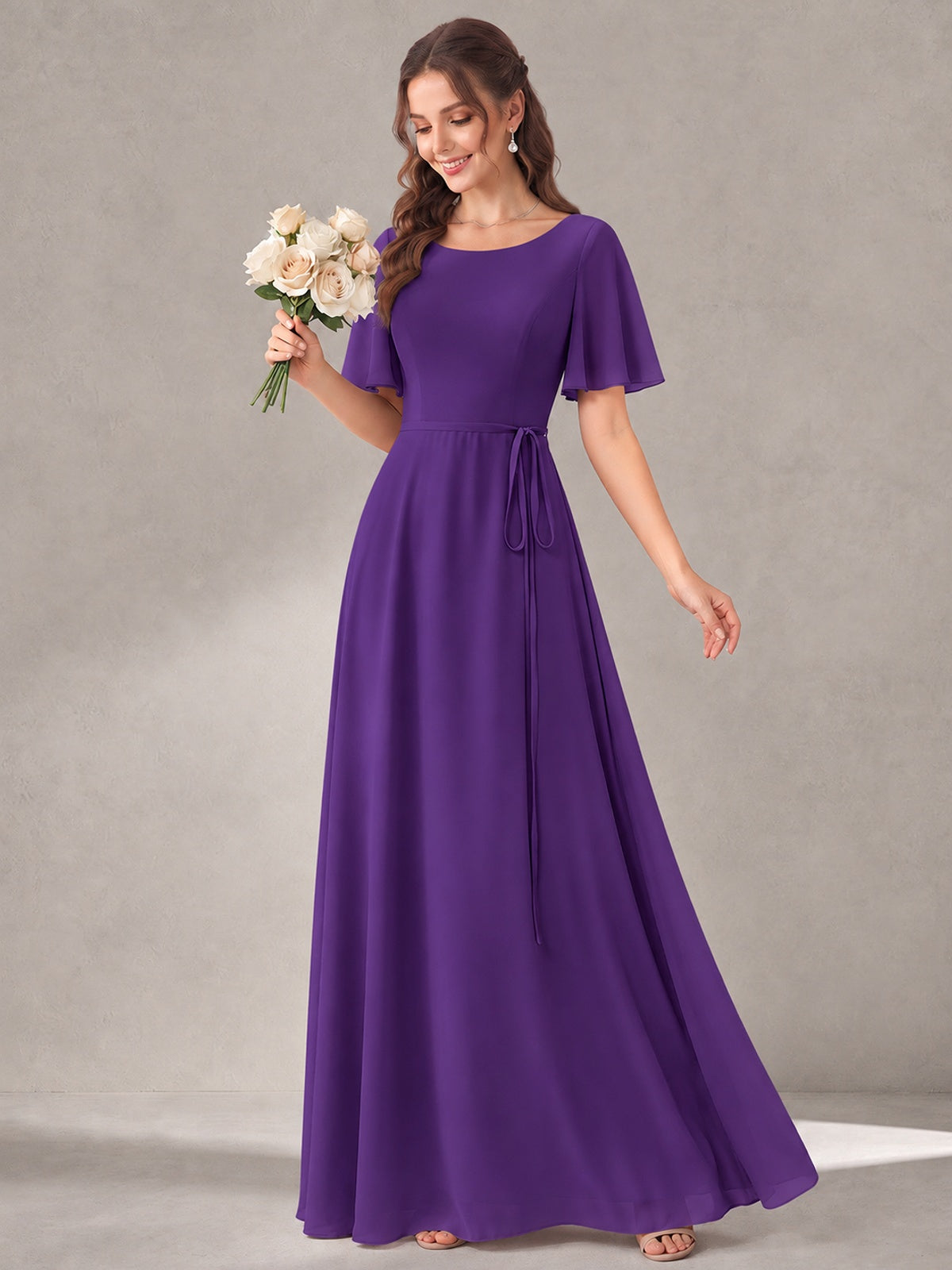 Scoop Neck A-line Chiffon Bridesmaid Dress with Flutter Sleeve & Belt