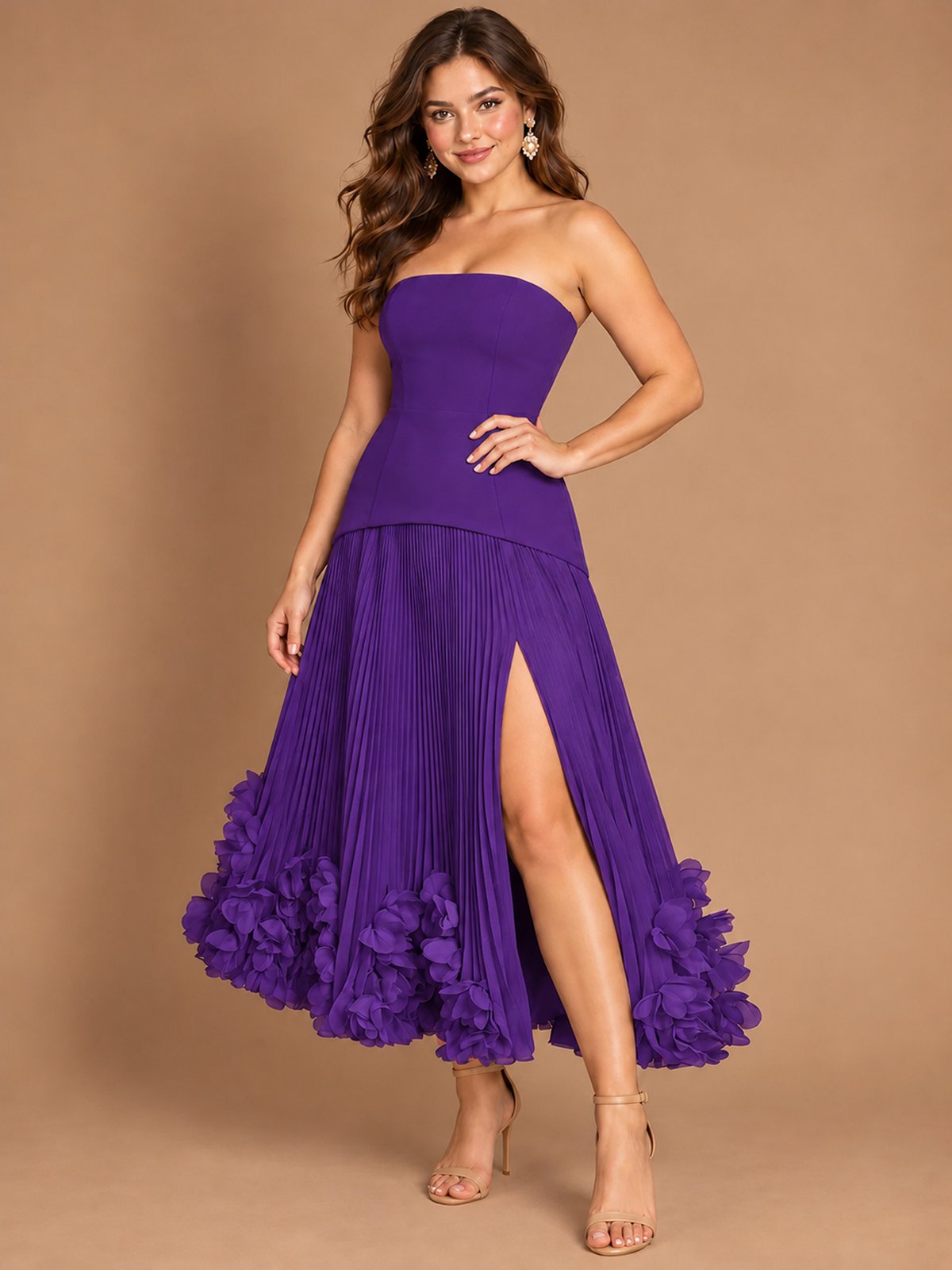 Navy Blue Strapless Pleated A-Line Midi Dress with 3D Floral Applique