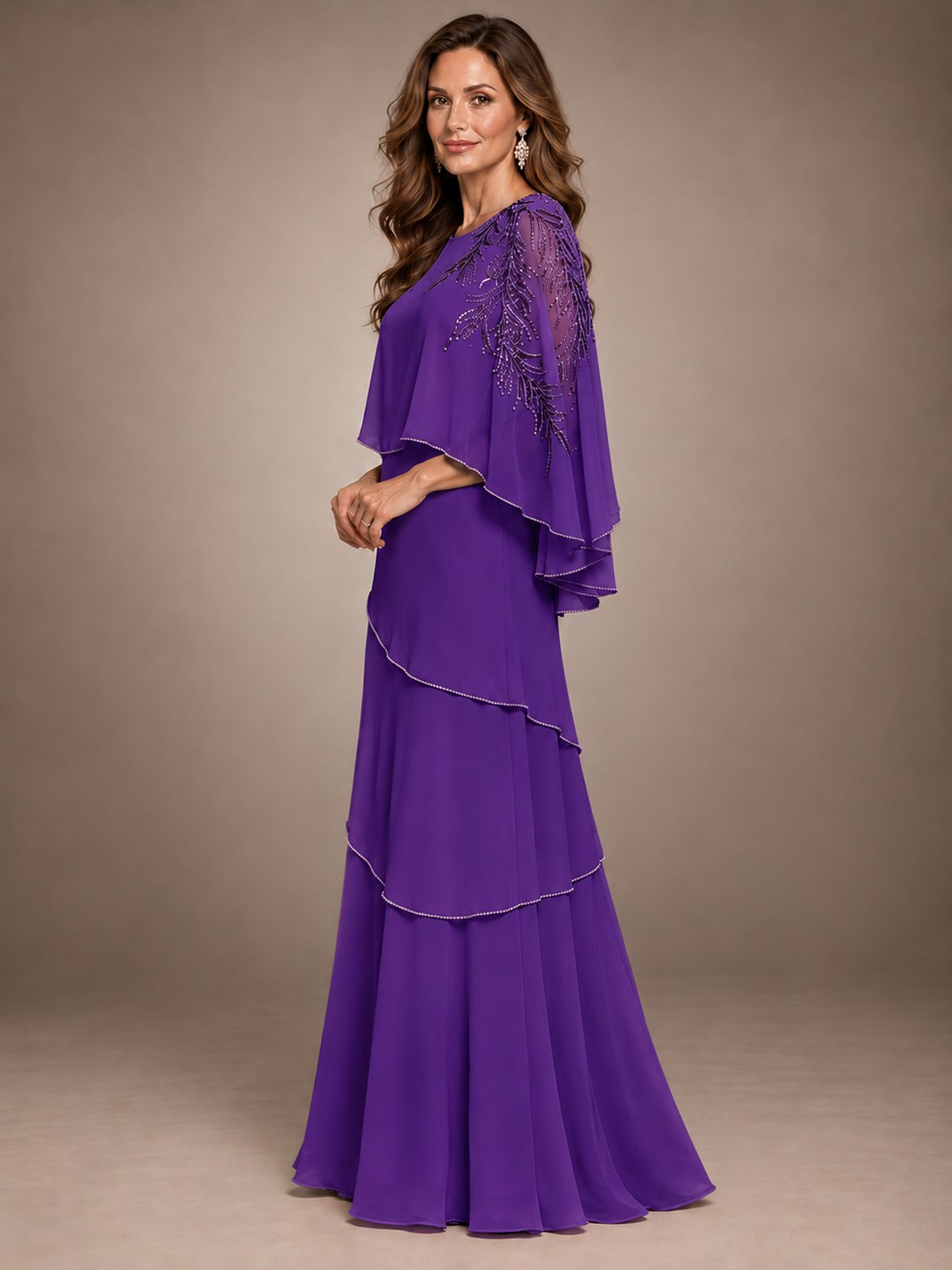 Elegant Chiffon Cape Sleeve Beaded Mother of the Bride Dress